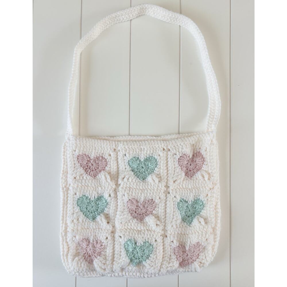 Handmade Crochet Heart Granny Square Shoulder Bag Tote White Pastel Cottagecore